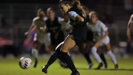 UCA's Kelly Van Gundy takes a penalty kick against Eastern Kentucky that resulted in the only goal of Thursday night's game.