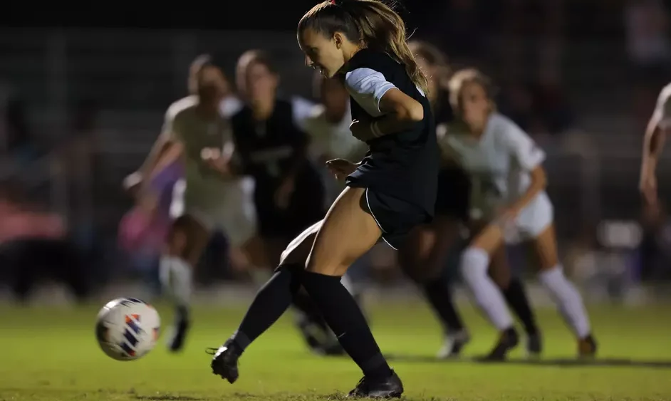 UCA's Kelly Van Gundy takes a penalty kick against Eastern Kentucky that resulted in the only goal of Thursday night's game.