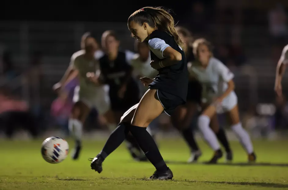 UCA's Kelly Van Gundy takes a penalty kick against Eastern Kentucky that resulted in the only goal of Thursday night's game.