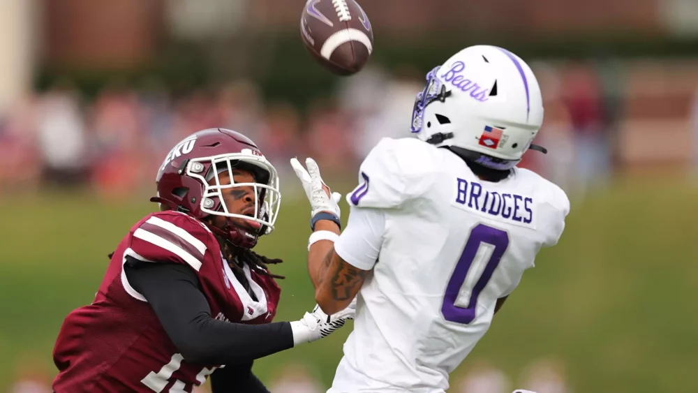 UCA wide receiver Trejan Bridges goes up trying to make a catch against Eastern Kentucky