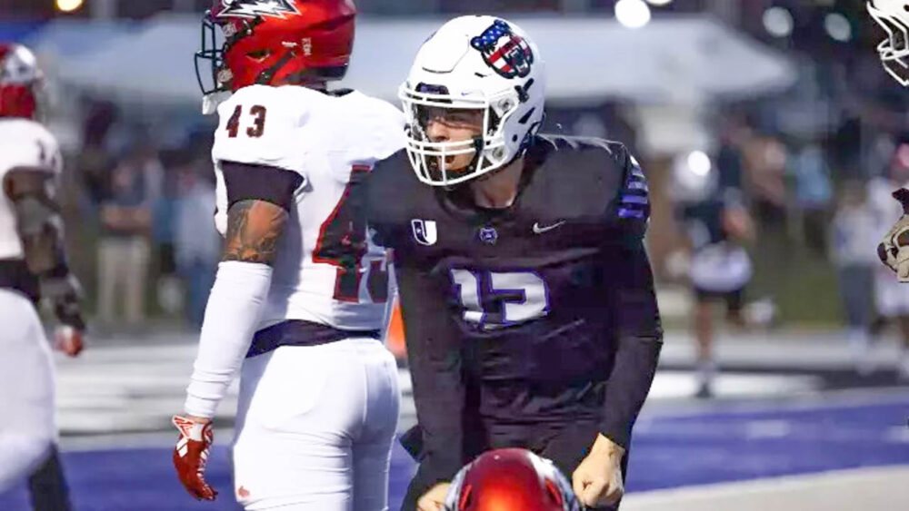 UCA quarterback Caleb Koger reacts after a big play against Southern Utah