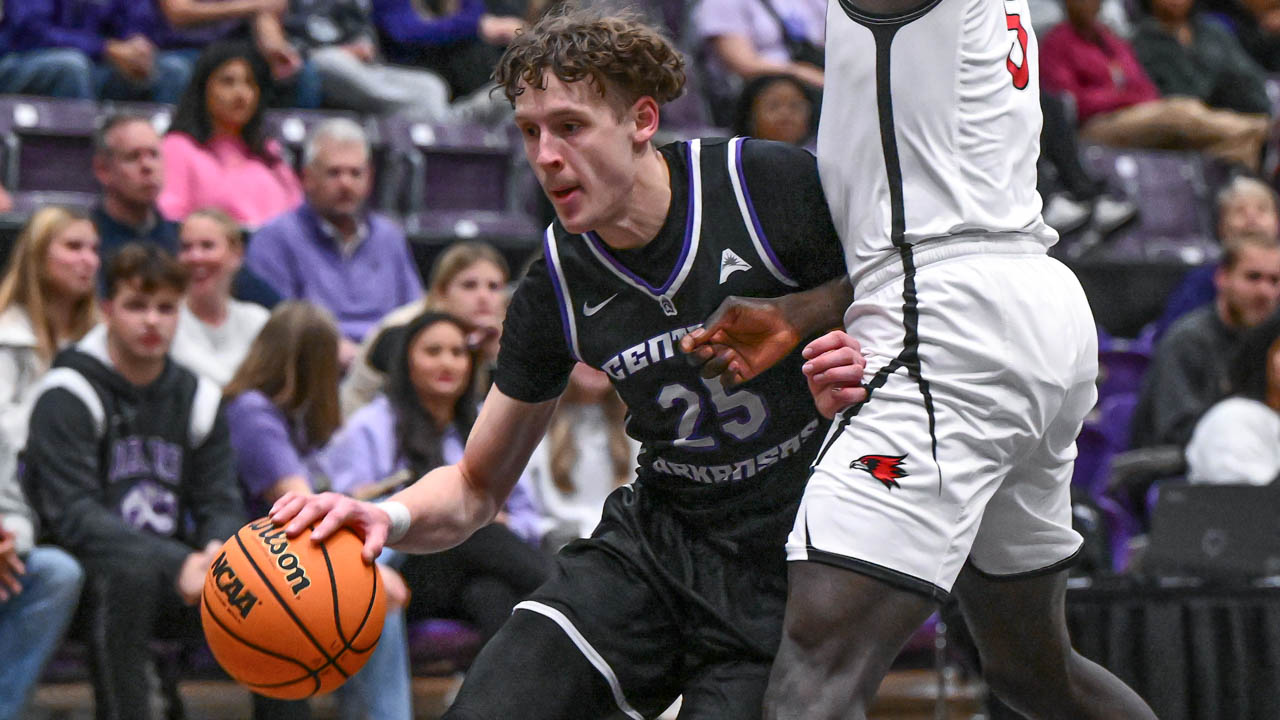 UCA forward Elias Cato driving against Southeast Missouri at the Farris Center