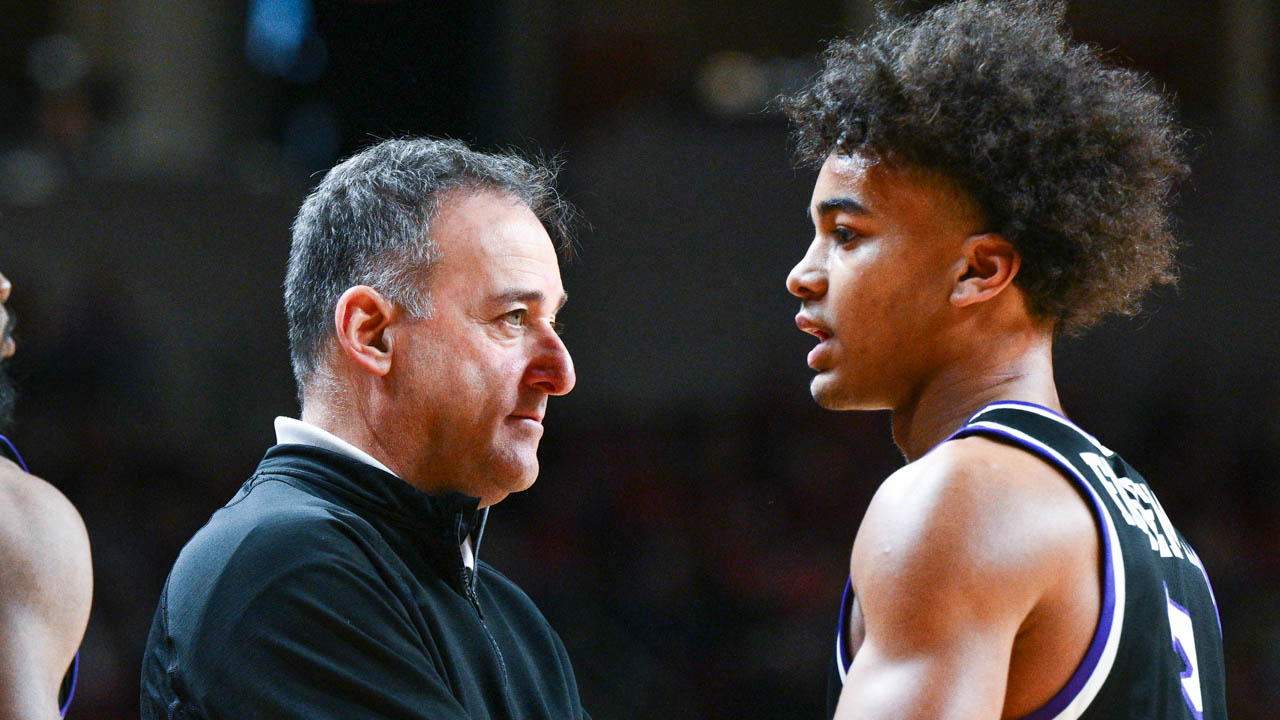 UCA Bears coach John Shulman with guard Brayden Fagbemi against Arkansas