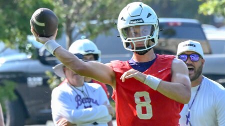 UCA Bears quarterback Austin Myers at opening practice of fall camp