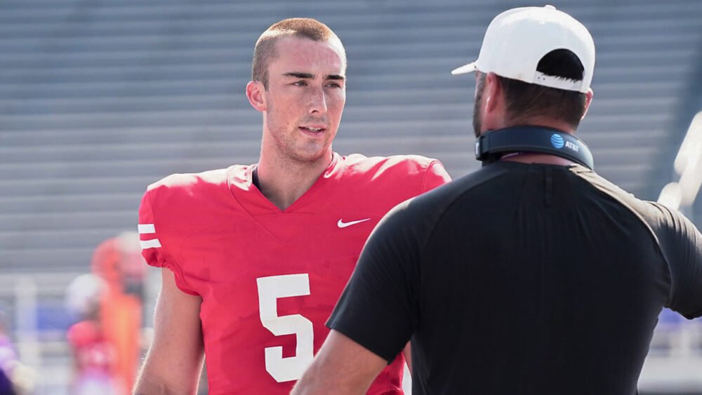 UCA Bears coach Nathan Brown and quarterback Luther Richesson during fall camp scrimmage