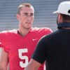 UCA Bears coach Nathan Brown and quarterback Luther Richesson during fall camp scrimmage
