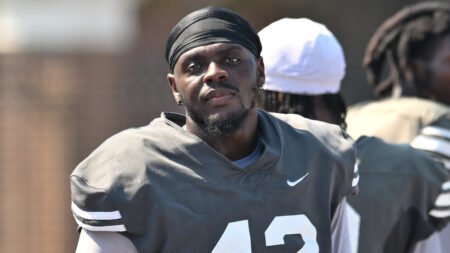UCA Bears linebacker Reggie Shepherd during a practice inside Estes Stadium