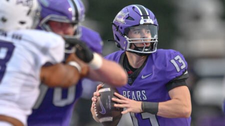 UCA Bears quarterback Caleb Koger looking to pass in game against Abilene Christian