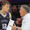 UCA Bears Ty Robinson talks with coach John Shulman during game against the SMU Mustangs