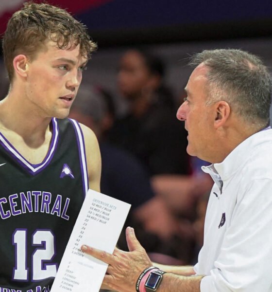 UCA Bears Ty Robinson talks with coach John Shulman during game against the SMU Mustangs