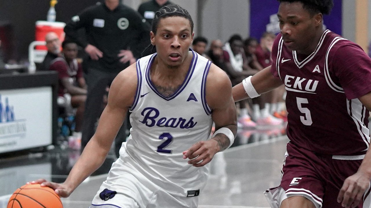 UCA Bears guard Javion Guy-King driving against Eastern Kentucky