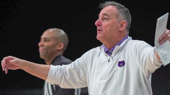 UCA coach John Shulman against Queens in ASUN Tournament