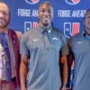 UCA coach Nathan Brown with players Tyrell Pollard and Trevion Traylor before UAC Media Day at Texas Live! in Arlington, Texas