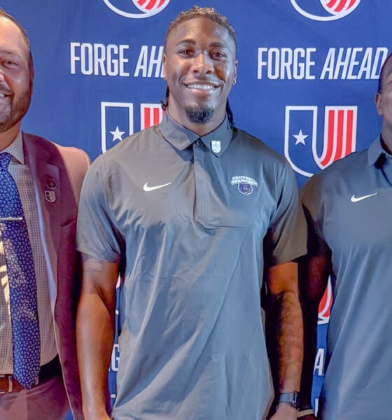 UCA coach Nathan Brown with players Tyrell Pollard and Trevion Traylor before UAC Media Day at Texas Live! in Arlington, Texas