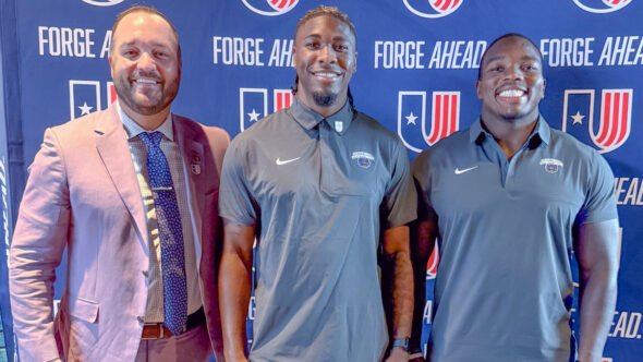 UCA coach Nathan Brown with players Tyrell Pollard and Trevion Traylor before UAC Media Day at Texas Live! in Arlington, Texas