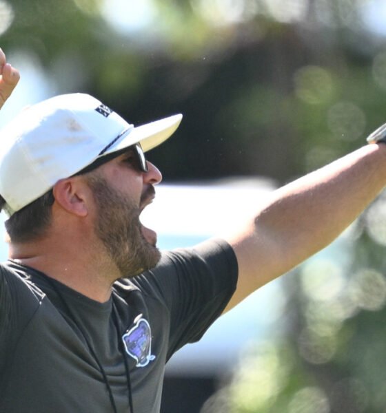 UCA Bears coach Nathan Brown on the field during fall practices in Conway, Ark.