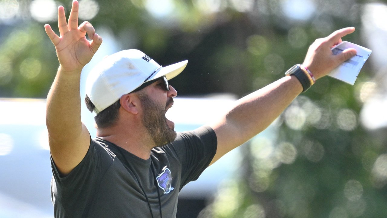 UCA Bears coach Nathan Brown on the field during fall practices in Conway, Ark.