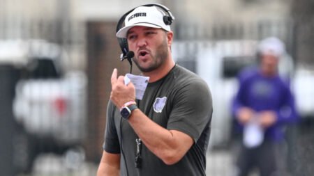 UCA Bears coach Nathan Brown during scrimmage during fall camp in Conway, Ark.