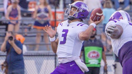 UCA Bears quarterback Donovyn Omolo throws a pass against UT Martin.