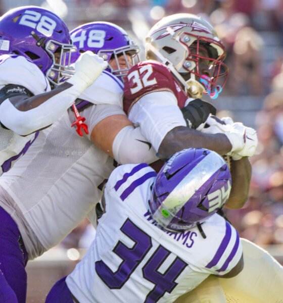 UCA Bears defenders tackle Florida State runner in game at Doak Walker Stadium in Tallahassee, Fla.
